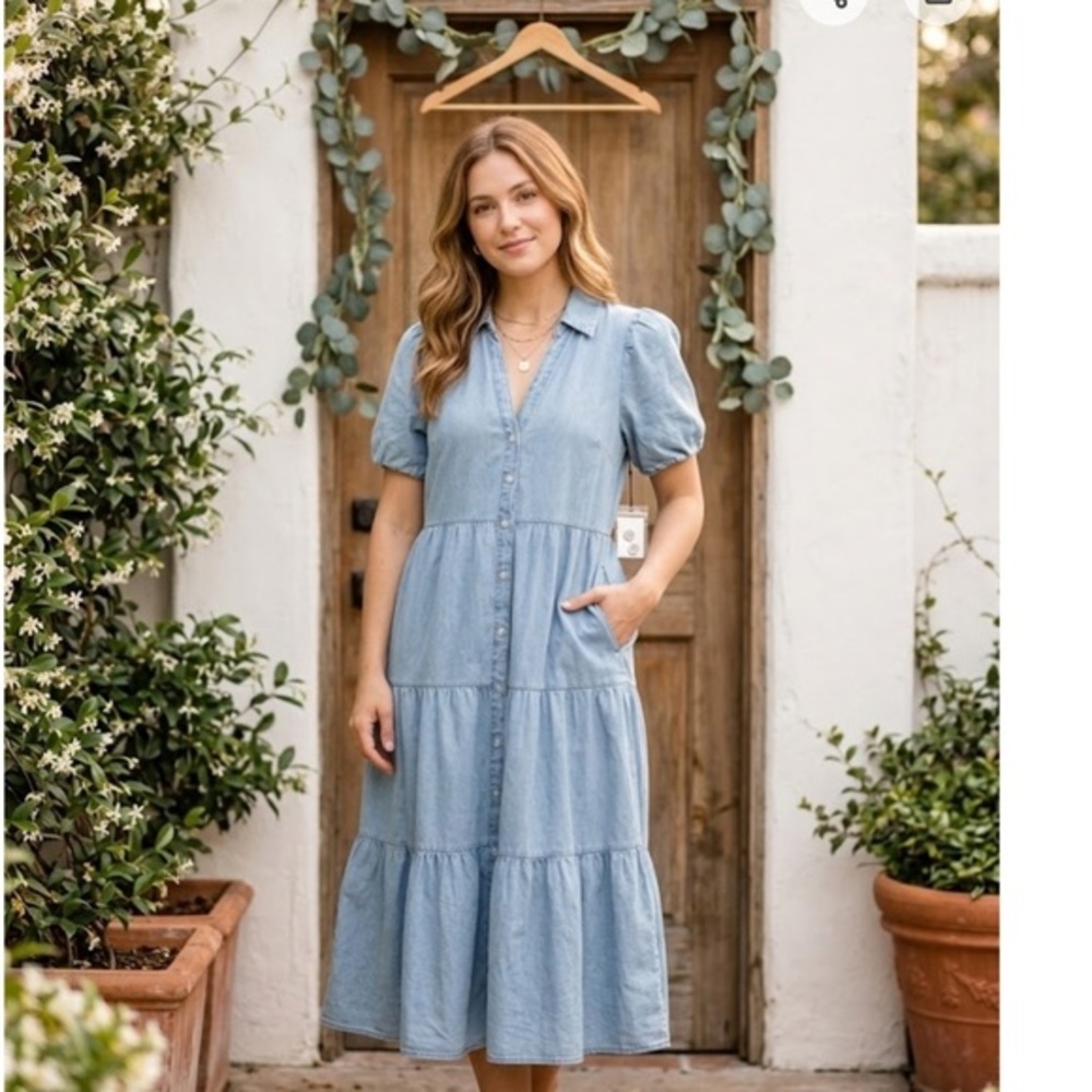 GRACE + KARMA Light Blue Button-Front Tiered Midi Dress. SIZE S